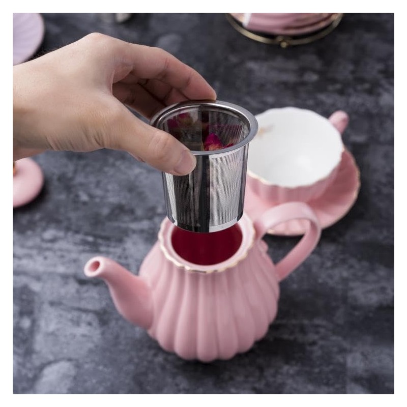 Jusalpha Pink Porcelain Teapot with Removable Stainless Steel Infuser, Blooming