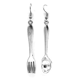 Large Fork (55x9mm) & Spoon (55x11mm) - Tibetan Silver charm dangle earrings. Hypoallergenic Stainless-Steel Fishhook or Silver Plated Ball-Post, or Clip-on Earrings Opt.
