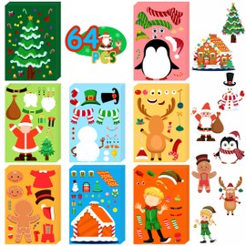 64 Sheets Christmas Stickers Crafts for Kids Toddlers, Make Your Own Christmas Stickers Christmas Goodie Treat Bag Stocking Stuffers Christmas Game Activities for Kids Toddlers Christmas Party Favors