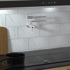 BESTJEEF Pot Filler Faucet,Wall Mount Polished Stainless Steel Pot Filler,Swing Arm Folding Stretchable Commercial Kitchen Faucet with Single Hole Two Handles,Over Stove Design for Space-Saving