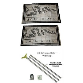 AES White Join Or Die 3'x5' Polyester 2 Ply Double Sided Flag with 6' Galvanized Flag Pole Kit with Eagle Topper