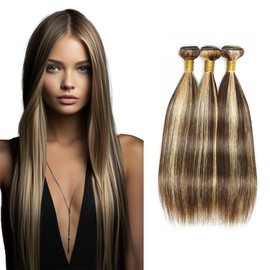 Biliisyff Highlight Brown Straight Bundles P4/613 Human Hair Ombre Highlight Blonde Straight Brazilian Human Hair Two Tone Brown Mixed With Blonde Bundles for Black Women 22 24 26 Inch