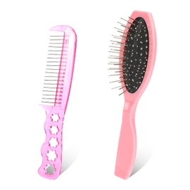 2 PCS Wig Brush Set - Stainless Steel Metal Bristle Comb and Cushion Detangling Brush for Hair Extensions, Wigs, and Wet Hair (Pink)