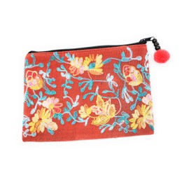 Ayuni Gifts of the World Beautifully Embroidered Thai Cotton Pouch, Change Purse, Makeup Bag or Wristlet Colorful Floral Patterns (Red, Makeup Bag)