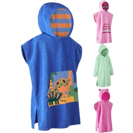 DiaryLook Kids Swimming Changing Robe with Hood, Beach Poncho Towel with Pockets Boys & Girls Quick Dry, Bath Robe Surfing Watersport Dinosaur Print 10-13 Years