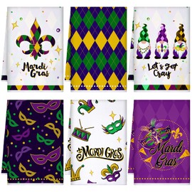 FuWeave FuWeave 6 Pcs Mardi Gras Kitchen Dish Towels Carnival Mask Tea Hand Towel for Kitchen Drying Baking Cooking Cloth Holiday Decorations