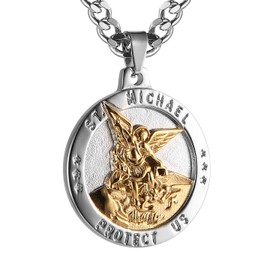 HZMAN St Michael The Archangel Catholic Medal Stainless Steel Amulet Pendant Necklace 22+2" Rolo Curb Chain (Silver & Gold-1)