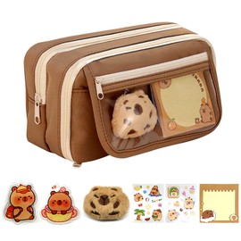 HASAIKA® Schulsachen Pencil Case, Multi-layer Cute Pencil Case, Pencil Case, Multiple Compartments, Large Capacity, with Cute Plush Brooch and Stickers, brown, cute