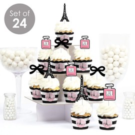 Paris, Ooh La La – Decoración para cupcakes – temática de París Baby Shower o fiesta de cumpleaños Cupcake Wrappers and Treat Picks Kit – Juego de 24