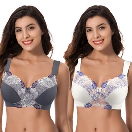 Curve Muse Women's Plus Size Minimizer Wireless Unlined Bra with Embroidery Lace-2Pack-Buttermilk,Gray-38DDD/EU:85F-V3