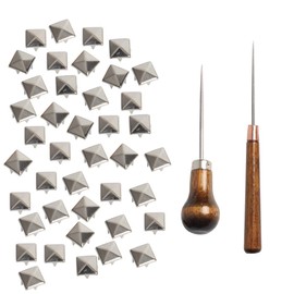 SBYURE 500 Pieces 10mm Square Studs for Clothing Silver Pyramid Studs,Four-Jaw Stud Clothing Pyramid Stud with 2 Pack Awl Craft Tool