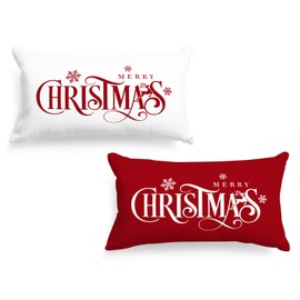Lanpn 12x20 Red Christmas Lumbar Pillow Covers Set of 2, Xmas Decorations Cushion, Merry Christmas Pattern Pillowcase Pillows, Winter Holiday Decorative Pillow Case, Indoor Home Bedroom Sofa Decor