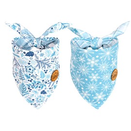 CROWNED BEAUTY Winter Dog Bandanas Reversible Small 2 Pack, Frost Paws Set, Blue Plaid Adjustable Triangle Snowflakes Holiday Scarves for Dogs Cats Boy Girl Pets DB146-S