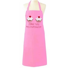 MyShoeStore Unisex Adult Novelty Apron Mens Ladies Womens Chefs Butcher Kitchen Catering Everyday Use Aprons with Pocket Ideal Fantastic Gift(Come Try My Cupcakes Pink)