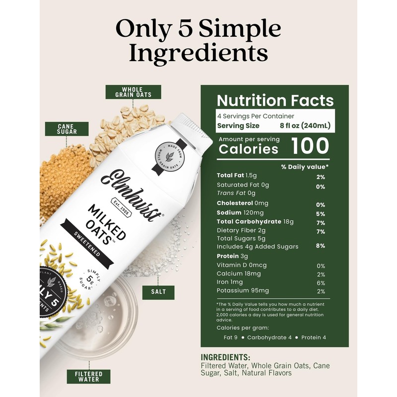 Elmhurst 1925 Sweetened Oat Milk - 32 Ounce (Pack of