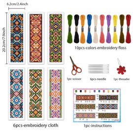 INFUNLY 6 Pieces Cross Stitch Bookmark Kit with Colourful Flowers for Adults Checked Flowers Ethnic Embroidery Bookmark Set Geometric Pattern Cross Stitch Kit with Instructions for Book Lovers