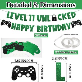 Gaming 11th Birthday Banners for Boys - Green Level 11 Unlock Bunting With Game Controller, Paper Happy Birthday Letters Banner for 11 Years Old Party Supplies