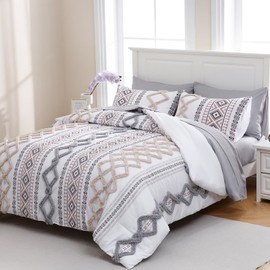 MOVE OVER Tufted Comforter Set King Size Boho Comforter Set 7 Pieces Bed in a Bag King 100% Soft Microfiber Aztec Comforter Set Shabby Chic Farmhouse Style Beige and Gray Fluffy Tufted Bedding Set