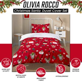 Olivia Rocco Christmas Santa & Friends Duvet Cover Set Festive Holiday Bedding with Santa Claus Comforter Quilt Covers Xmas Bed Set with Pillowcases, Red Double
