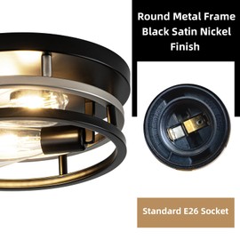 2 Light Farmhouse Ceiling Light Fixture Black Satin Nickel Industrial Flush Mount Ceiling Lamp Hallway Light Fixture Close to Ceiling Lighting for Kitchen Living Room Bedroom Foyer Entryway E26