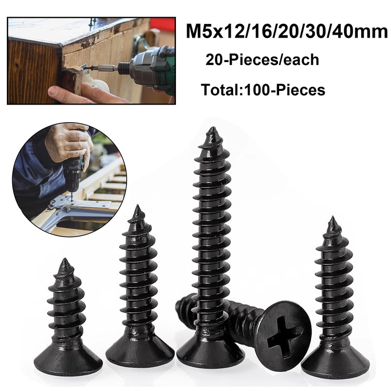 FandWay Phillips Flat Head Self-Tapping Screws, Black Carbon Steel Countersunk