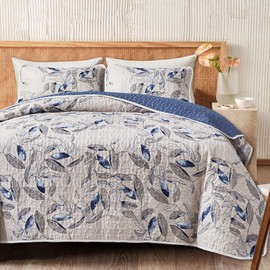 Joyreap 3 Pieces Microfiber Quilt Set, Botanical Blue Leaves on Light Gray Reversible Design, Bedspread Bed Cover for All Season, 1 Quilt and 2 Pillow Shams (Full/Queen, 90x90 inches)