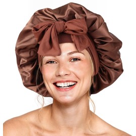 Silk Double Layer Satin Hair Bonnet with Elastic Tie Band for Curly Hair Women (Coffee)