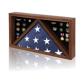 Large American Veteran Flag Display Case Solid Wood Memorial Flag Display Case with HD Tempered Glass for 5' X 9.5' Folded Burial Flag Military Flag Display Case, Rectangle-Walnut