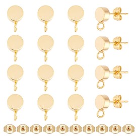 Hobbspring 30Pcs Flat Round Earring Posts 6mm 18K Gold Plated Stud Earrings with Loop Brass Stud Earring Findings with 30Pcs Butterfly Ear Back for DIY Jewelry Dangle Earring Making