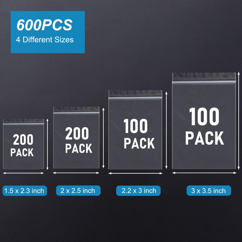 600 PCS Small Plastic Bags, Assorted Sizes, Mini Baggies, Transparent