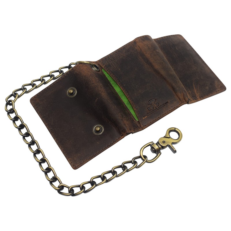 Men's RFID Blocking Trifold Vintage Leather Biker Chain Wallet With