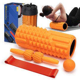 5 in 1 Foam Roller Set - High Density Back Roller Fitness Exercise Foam Roller, Muscle Roller Stick, Massage Ball, Stretching Strap for Whole Body Release & Deep Tissue Muscle Massage (Orange)
