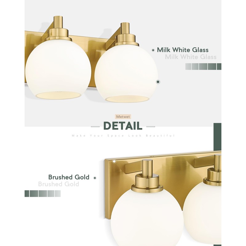 METWET Bathroom Light Fixtures, 3-Light Brushed Gold Vanity Light, Modern