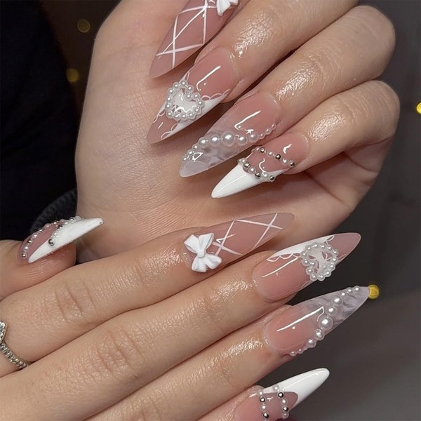IMRAIN Long Press on Nails Stiletto Fake Nails White French