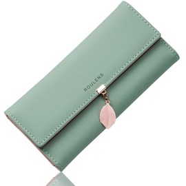 Roulens Ladies Purse, RFID Blocking PU Leather Wallet for Women Leaf Pendant Zipper Coin Long Purse with Multiple Card Slots and Roomy Compartment