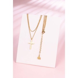 Happiness Boutique Women's Cross Necklace in Gold Colour Delicate Multi-Row Chain with Cross Pendant Stainless Steel Jewellery, Gold Stainless Steel