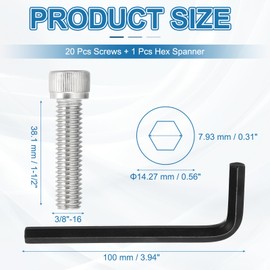 PATIKIL 3/8"-16 x 1-1/2" Socket Head Screws Cap Bolt, 10Pcs 304 Stainless Steel Hexagon Socket Screws with Hex Wrenches Full Thread for Road Bicycle Mountain Bike Auto, Silver/Black