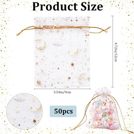 Beebeecraft 50Pcs Organza Bags Gold Stamping Stars White Drawstring Mesh Bags Rectangle Candy Gifts Storage Favor Pouches for Christmas Wedding Party Valentine's Day (4.7x3.5 Inch)