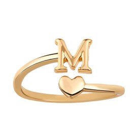 Heart Initial Stackable Rings, Adjustable Pinky Rings Cute Capital Letter Rings Heart Rings Non Tarnish Gold Rings Alphabet Gold Pinky Rings Jewerly Gift for Women (M)