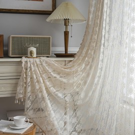 Freyamy Set of 2 Transparent Floral Embroidery, Translucent Beige Curtain with Rod Pocket, Embroidered Lace Curtains, Vintage Macrame, Door Rod Pocket Curtain, 180 x 150 cm for Bedroom