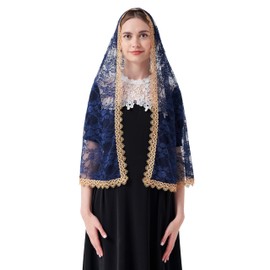 YuRongsxt Women's Chapel Veil Catholic Mantilla for Mass | D-Shape Lace Mantilla Veil with Gold Venice Lace Trim | Navy Blue Catholic Church Veils for Prayer and Wedding Ceremonies M29 (Navy Blue)