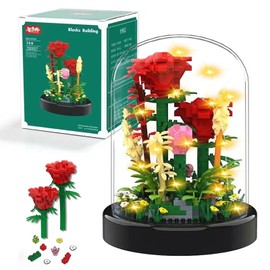 MeYuxg Eternal Rose, Flower Building Blocks Set, Red Rose Preserved Flowers with LED Light, Creative Home Decoration, Artificial Plants Flowers Building Set, Eternal Rose Clamping Blocks Flowers