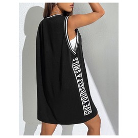 Verdusa Women's Jersey Letter Printed Tank Dress Summer Crew Neck Sleeveless Short Dresses Black Large