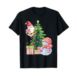 Santa and Snowman Cute Holiday Christmas Tree T-Shirt, Black