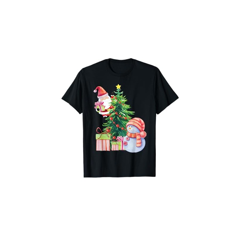 Santa and Snowman Cute Holiday Christmas Tree T-Shirt, Black