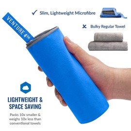 VENTURE 4TH Toalla de Viaje de Secado Rápido y Resistente al Olor | Toallas de Microfibra Livianas y de Alto Rendimiento, Ideal para Camping, Senderismo, Gimnasio, Yoga y Playa (Azul-Gris Grande)