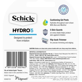 Schick - Hydro 5 for Men | Blade Refills | 4 Pack | Hydrating Gel Pools | Aloe & Menthol | 5 Blade Cartridges with Skin Guards