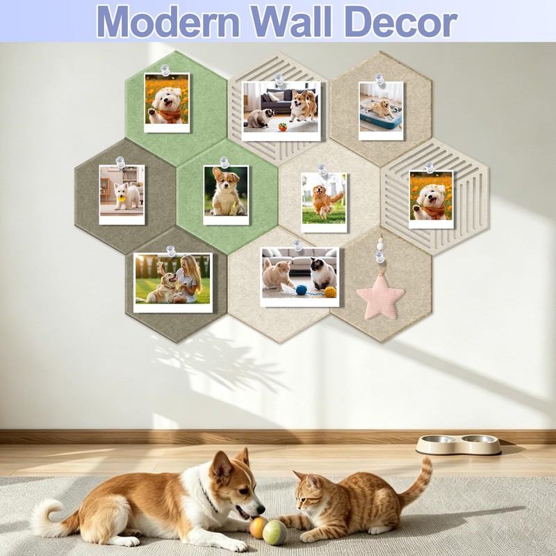 10PCS Hexagon Cork Board Tiles, Self-Adhesive Felt Bulletin for Walls