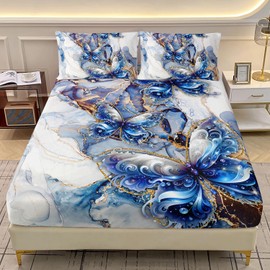 AILONEN Girls Blue Butterfly Fitted Sheet Set Twin XL Size,Tie Dye Marble Butterfly Bedding Set,Beautiful Butterfly Bed Sheet Set 3 Pieces,1 Fitted Sheet with 2 Pillowcases