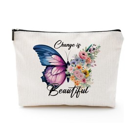 heshengzaixian Butterfly Inspirational Quotes Makeup Bag for Gilrs Woman,Change is Beautiful Motivation Cosmetic Bag, Portable Waterproof Linen Toiletry Beauty Bag Travel Case Accessories Pouch